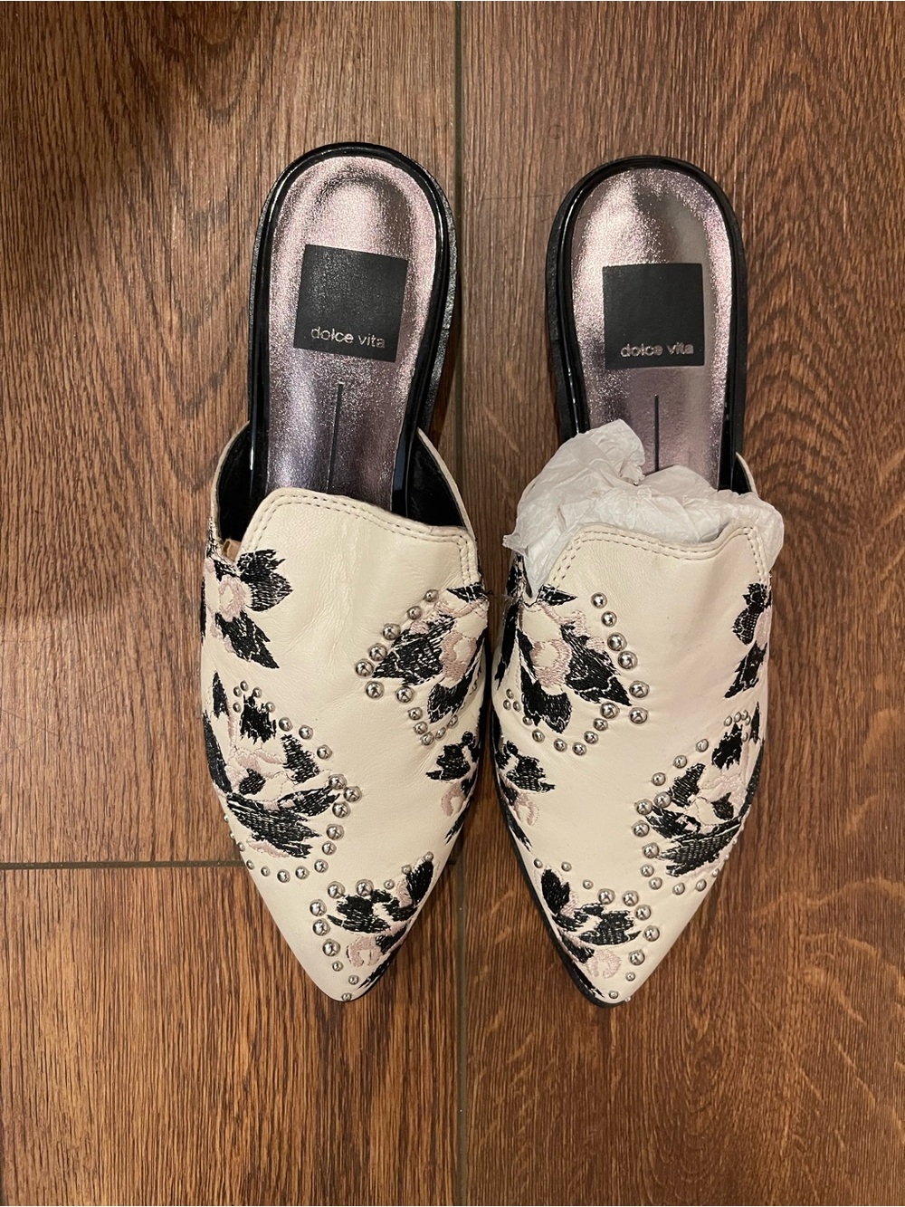 Dolce Vita Cream & Black Floral Studded Pointed Mules size 6